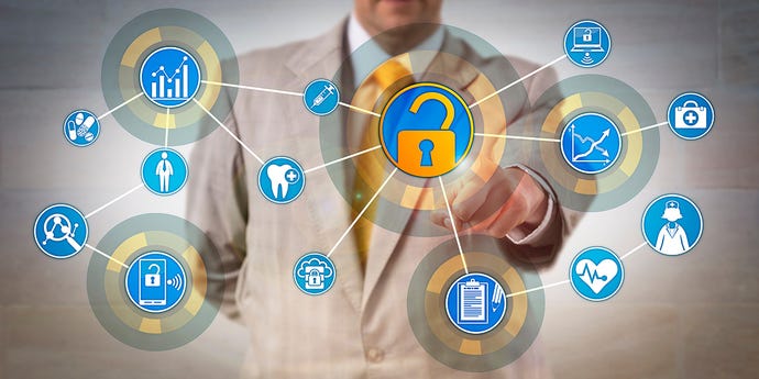 Photo illustration of a man in a suit accessing a connected network of information icons, including medical records