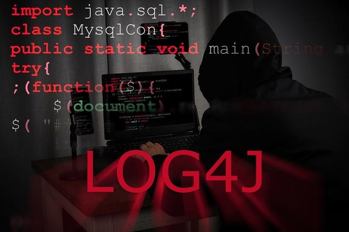 Concept image with hooded figure behind the words Log4J