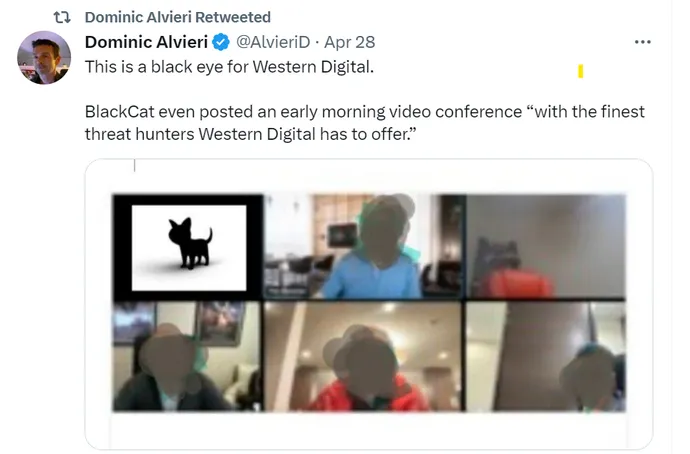 Screen shot of a tweet about the BlackCat videoconference hack of Western Digital 