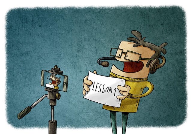 illustration of teacher teaching the online lesson recording himself with a tripod and a mobile.
