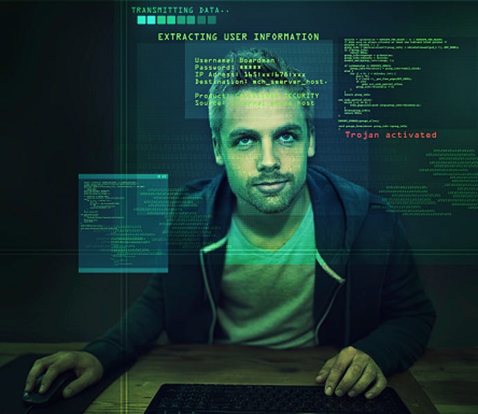 Person with a mouse and keyboard typing in attack codes and releasing Trojans.