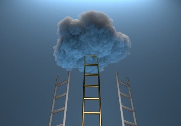 A cloud with multiple ladders leading into it