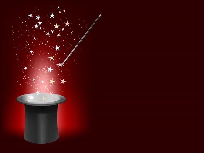 magician hat, wand and stars with deep red background