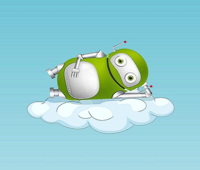 green robot lying on a cloud