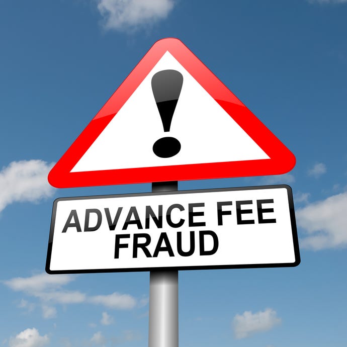 Illustration depicting a road traffic sign with an advance fee fraud concept