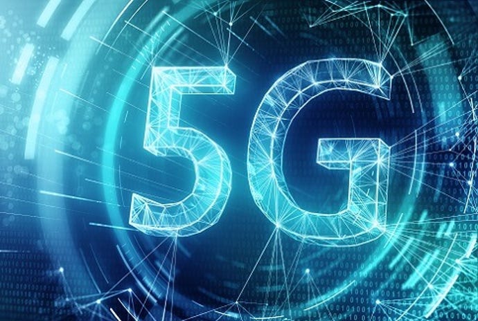 Blue letters spelling out "5G" with network lines and lights