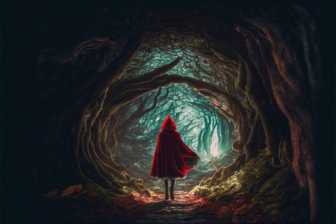 Illustration of Little Red Riding Hood walking through the woods