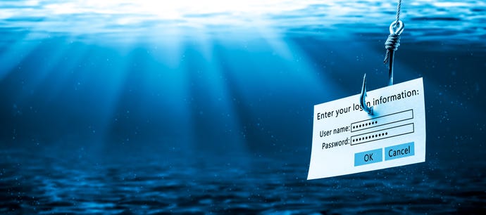 Illustration of a phishing lure, a phony email message attached to a fish hook dangling in the water
