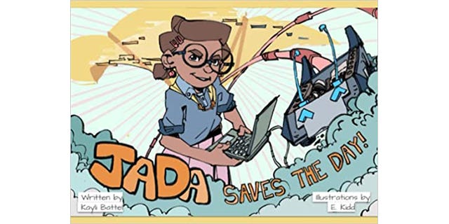 Illustration of a determined-looking Black girl wearing glasses and holding a laptop next to a battlebot