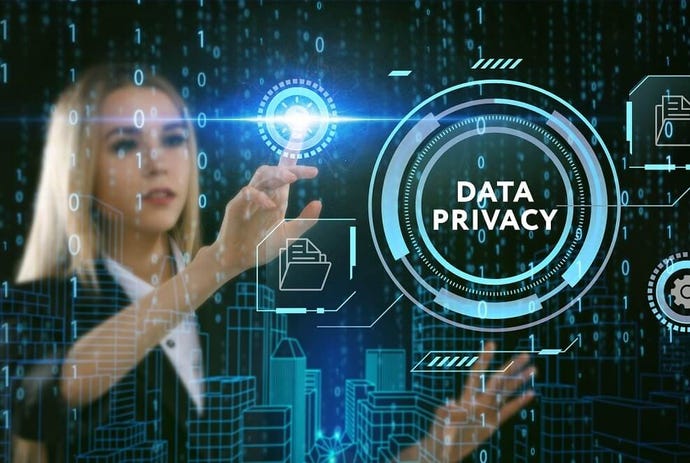 woman standing in front of a digital screen with Data Privacy button