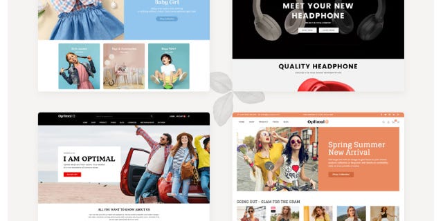 A layout of sample website layouts with stock images and sample text for fashion and beauty e-commerce sites