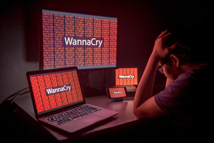 Concept image showing WannaCry ransomware attack on desktop screen, notebook and smartphone,
