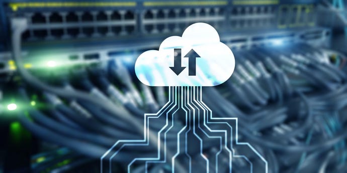 A network switch with Ethernet cables and a superimposed cloud to show data flows.