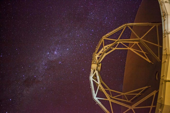 dusk, starry, sky, and ALMA observatory Antennas in plain of Chajnantor, Atacama desert, Chile