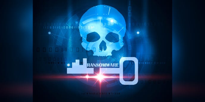 ransomware text with key, computer code and a skull