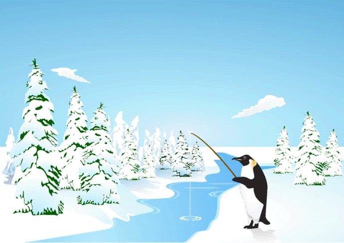 cartoon art of a penguin fishing in a winter pond