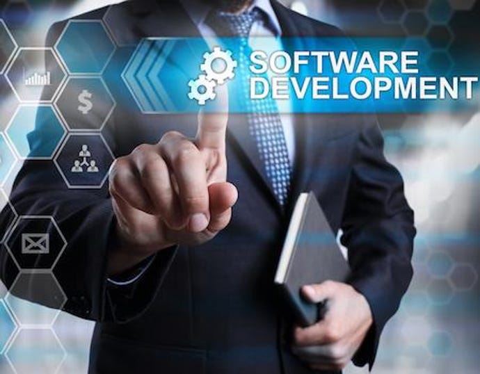 Person touching the phrase "software development"