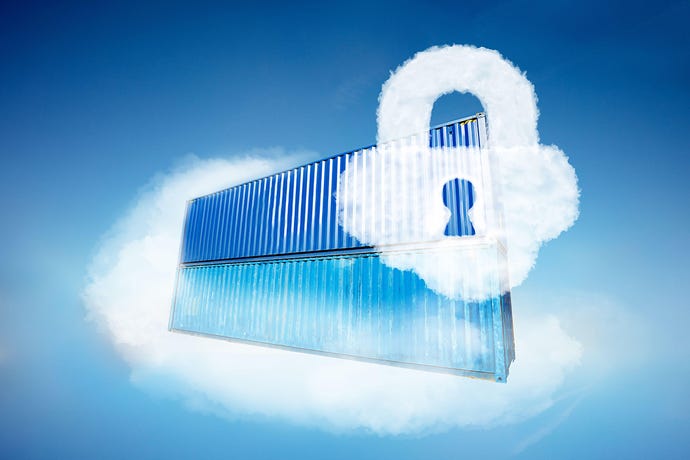 Kubernetes security concept illustrated by a shipping container floating in a cloud, with a lock-shaped cloud over it