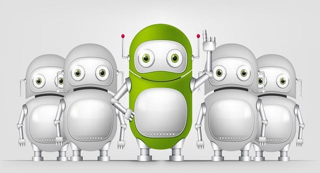 one green robot leading the way of four grey robots
