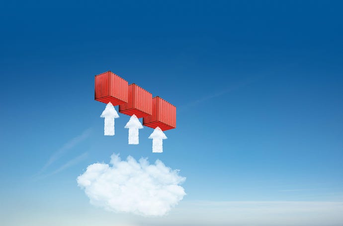 Illustration of three shipping containers floating above a cloud, with arrows pointing to each