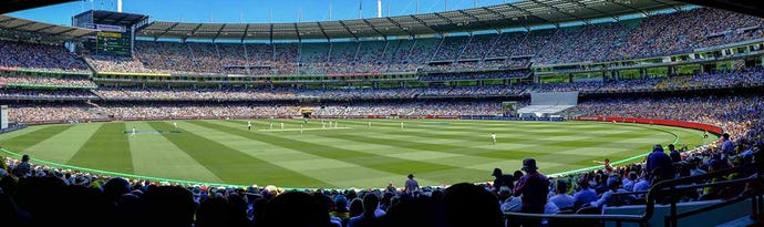 Wide panorama of test cricket match at the Melbourne Cricket Ground (MCG), Australia versus England, Boxing Day 2018.