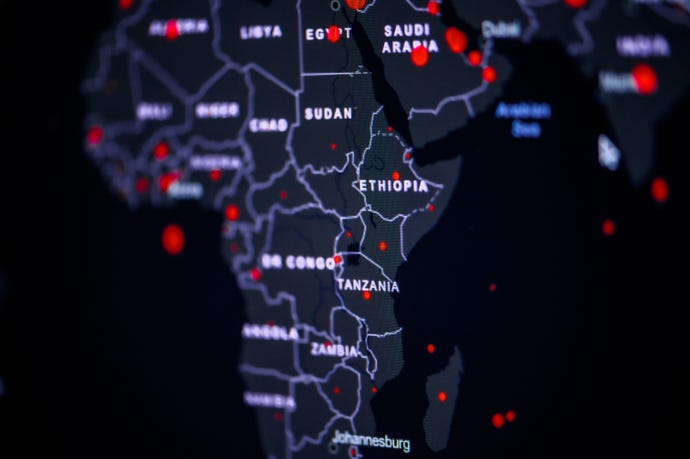A digital map of Africa with the countries identified and red dots