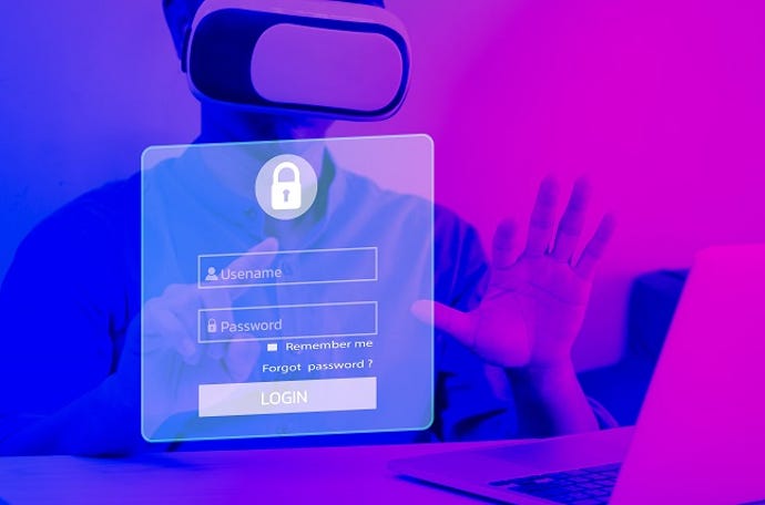 man using laptop computer modern metaverse login password touchscreen virtual screen concept technology