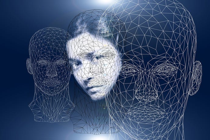 A ghostly face floats between two wire-frame images of human heads