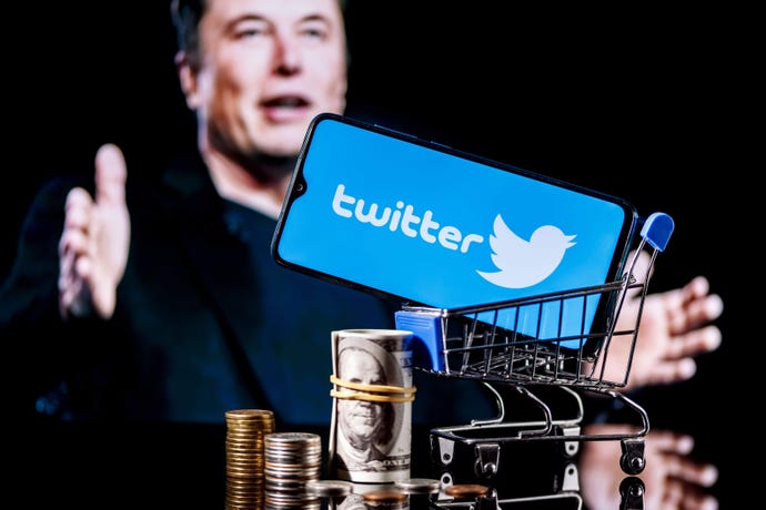 Collage illustration of Elon Musk overlaid with phone displaying Twitter logo in a tiny shopping cart surrounded by money