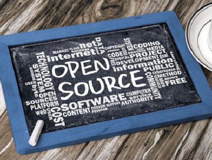 a black slate with a blue frame with a word cloud showing the words open source software in big letters.