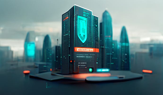Illustration of security operation center concept; glowing skyscraper-like interfaces