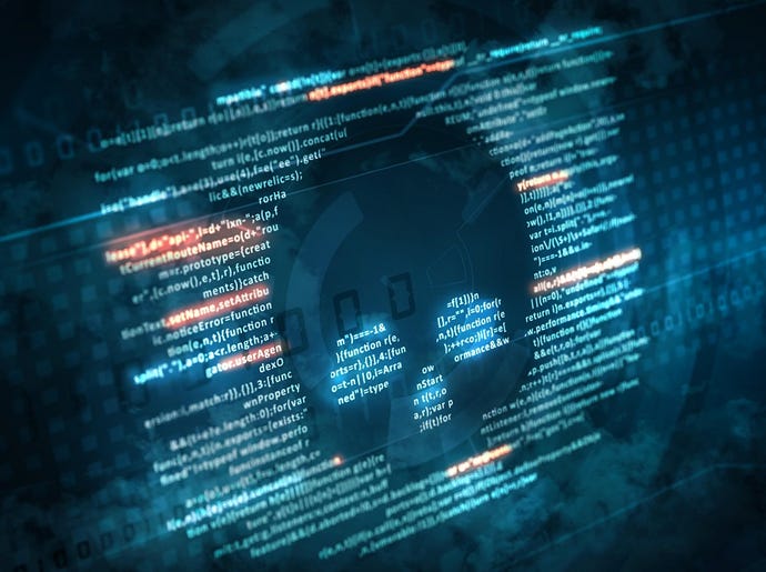 Concept art depicting malware as a shadowy skull superimposed on code displayed on a monitor