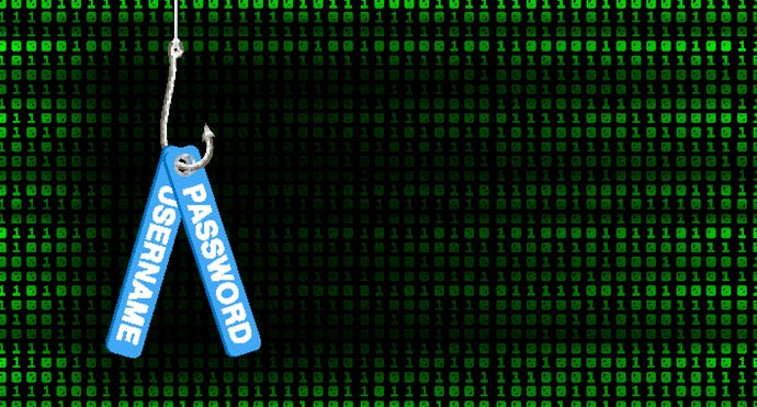 8-bit illustration of phishing, where password and username bait the hook in front of wall of binary code