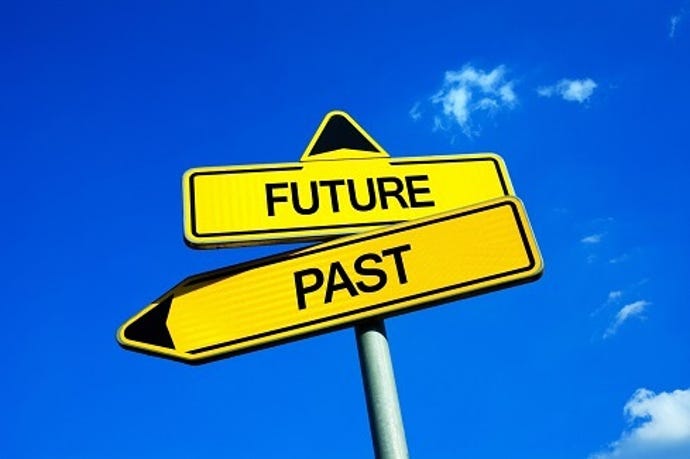 Illustration of a signpost against a blue sky; one sign reads Future, the other Past