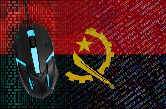 Angolan flag with code running across and a computer mouse