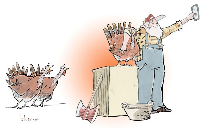 Create a caption for cartoon of farmer taking a selfie next to a turkey. Two turkeys are squawking behind them.