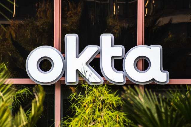 Okta logo at company headquarters