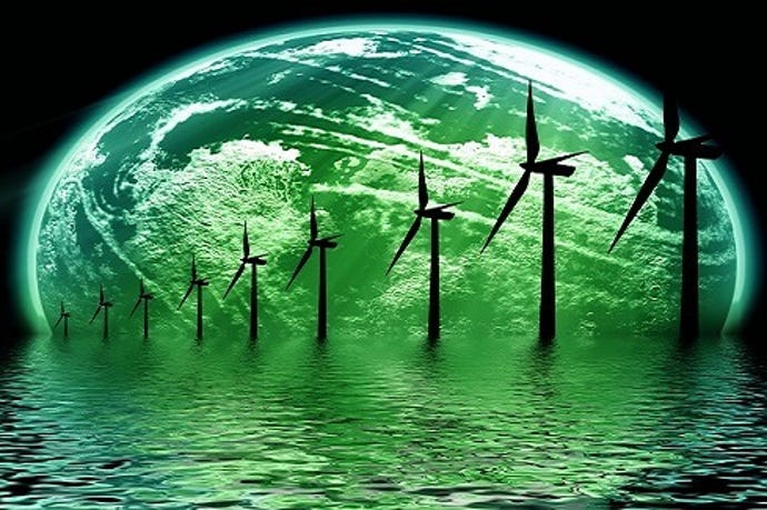 windmills with green earth behind them