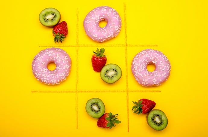 a tic tac toe board with donuts and fruits showing junk vs. substance