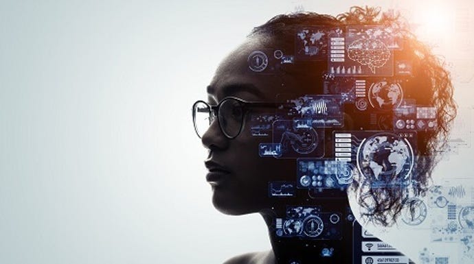 Picture of a woman with technical images depicting her tech knowledge