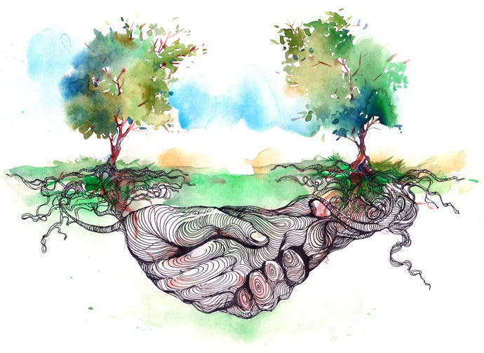 Watercolor-and-ink painting of cutaway of two trees next to each other, with their roots growing together into a handshake