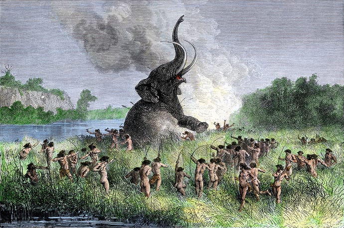 an artistic image of indigenous people shooting arrows at a rearing elephant.