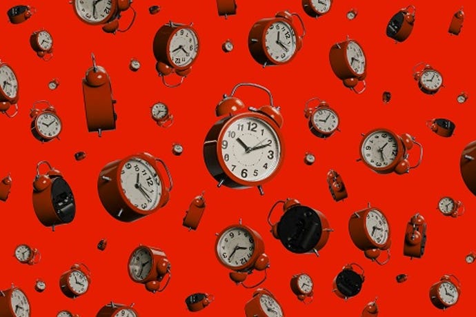 alarm clocks on red background time management abstract