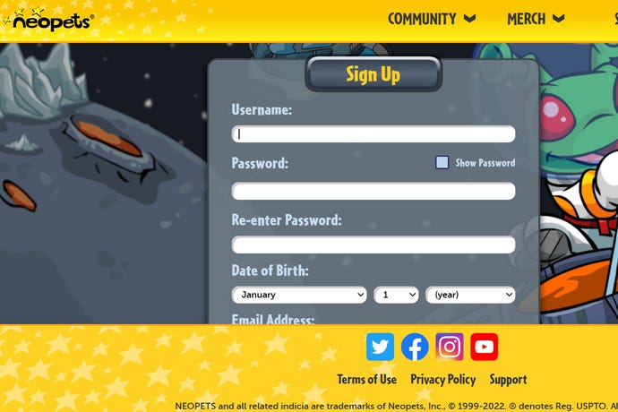 Screen grab of Neopets sign in page