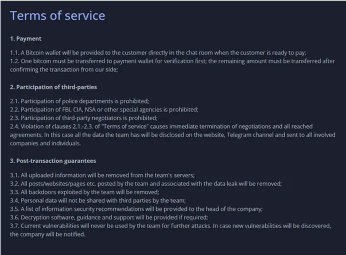 8base ransomware gang's terms of service