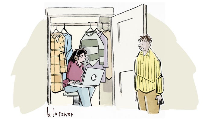 Come up with a clever caption depicting an at-home worker taking a video conference in the closet