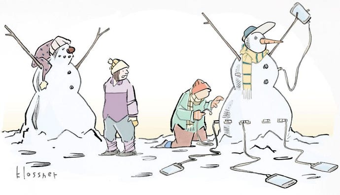 Cartoon of person building a snowman with smartphones attached to USB ports in the snowman. Any idea for a funny caption?
