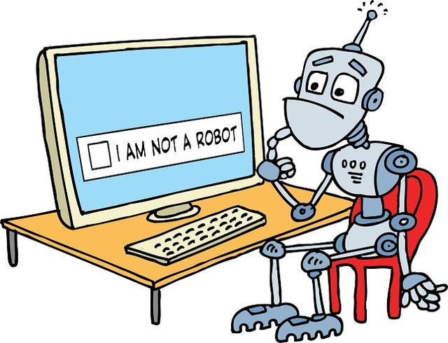 robot looking at a CAPTCHA that says I am not a robot