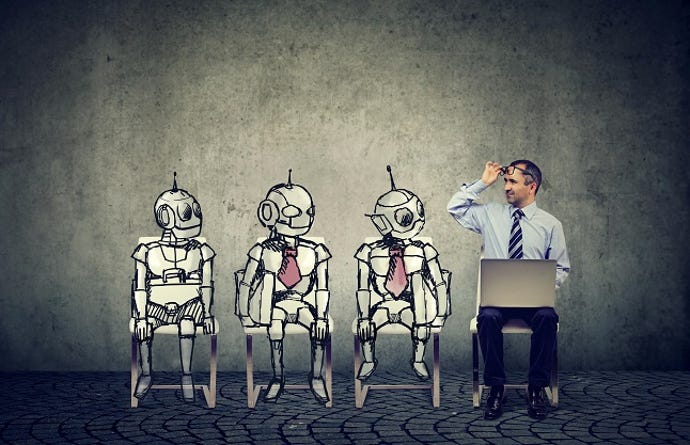 Business job applicant man competing with cartoon robots sitting in line for a job interview.