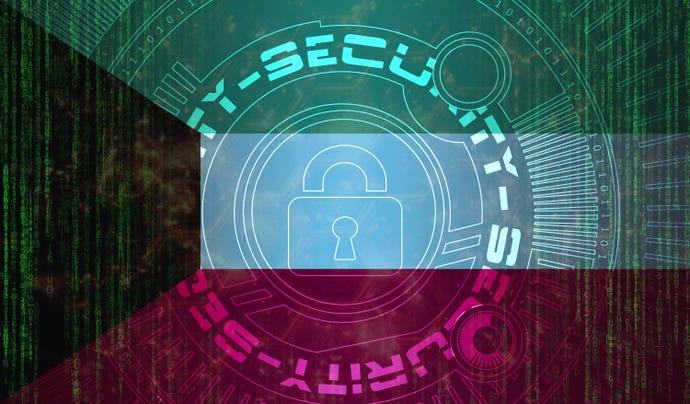 The Kuwait flag with cybersecurity in text and a lock image over it